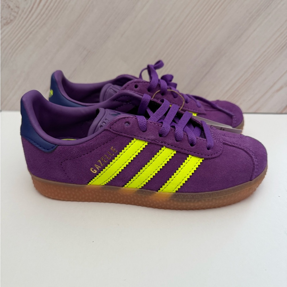 Brand new Adidas Kids Gazelle Sneakers Purple Yellow size 12K limited edition